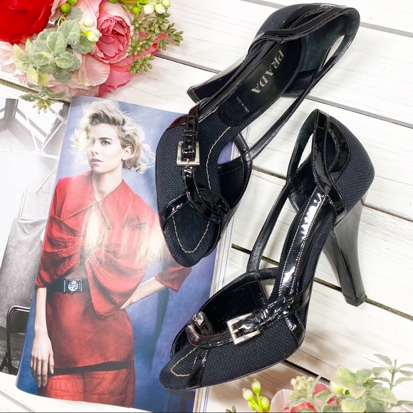Prada Shoes - PRADA Black Patent Cut Out Canvas Heels 37